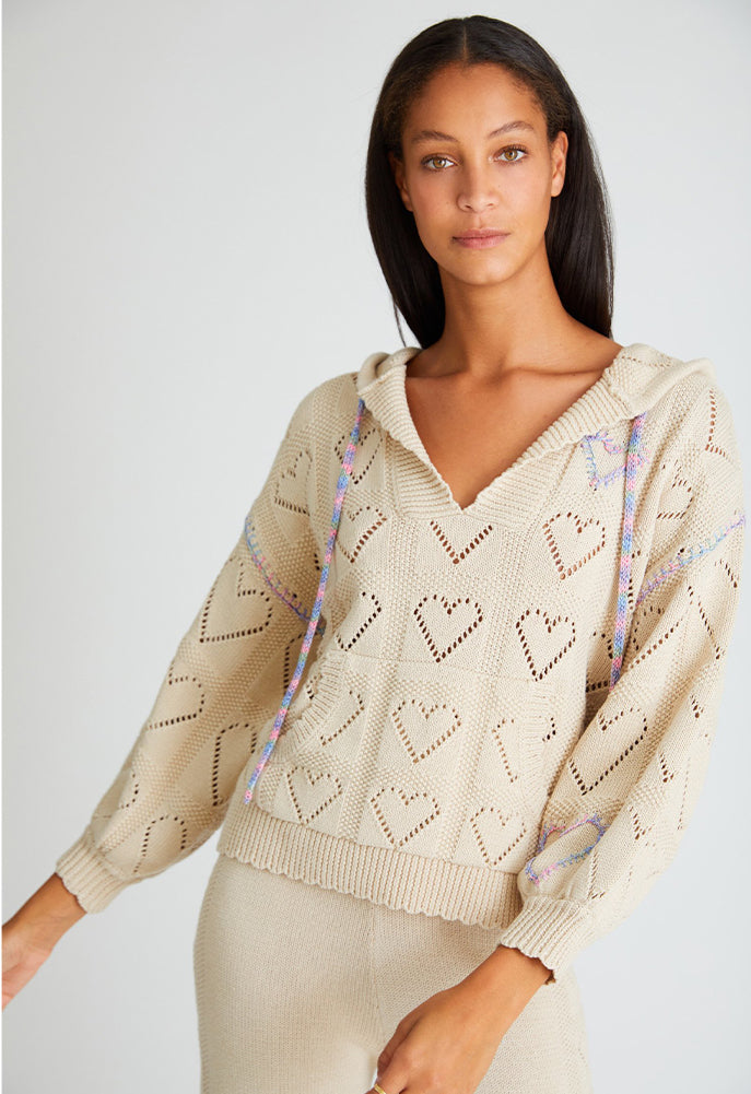 Loveshackfancy Meara Heart Crochet Hoodie buy Sweater Sunset Wheat XS