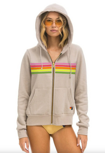 Aviator Nation 5 Stripe Zip Unisex Hoodie in SAND // PINK // GREEN