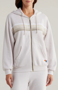 AVIATOR NATION UNISEX 5 STRIPE RELAXED ZIP HOODIE - DOVE GREY/WHITE GREY