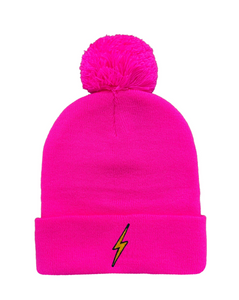 AVIATOR NATION BOLT POM POM RIB BEANIE IN NEON PINK