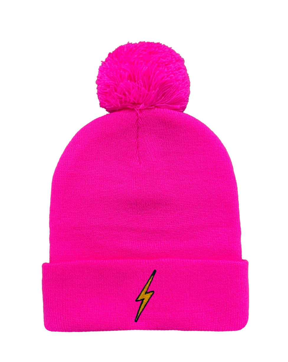 AVIATOR NATION BOLT POM POM RIB BEANIE IN NEON PINK