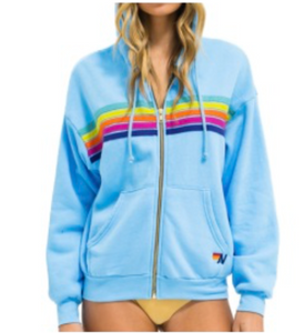 AVIATOR NATION UNISEX 5 STRIPE RELAXED ZIP HOODIE - SKY/RAINBOW