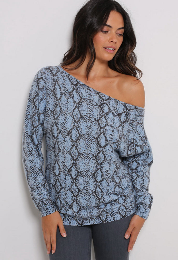 Minnie Rose Cotton Snake Printed Off The Shoulder Sweater SINGER22